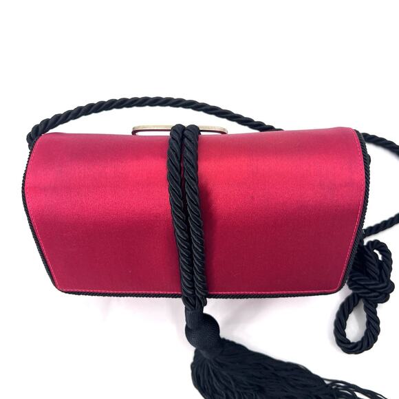 Rare Salvatore Ferragamo Red Satin Black Tassel Evening Clutch Crossbody Handbag - Picture 5 of 10